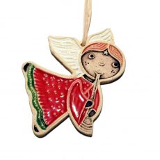 Keramická vánoční ozdoba - andílek letící červený flétna