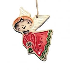 Keramická vánoční ozdoba - andílek letící červený zvonek